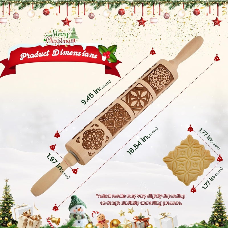 GOBAM Embossed Rolling Pin for Cookies, Engraved Wooden Rolling Pin for Baking, Deep Pattern Cookie Roller for Christmas, Holiday, DIY Kitchen Decor and Gift - Vintage Tile - Image 2